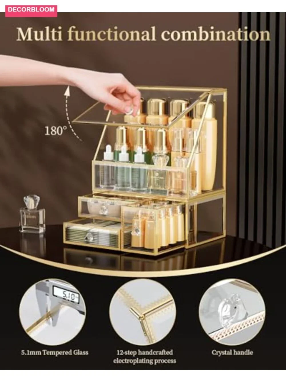 Glass Makeup Organizer with Drawer, Stackable Skincare Holder, Vanity Storage